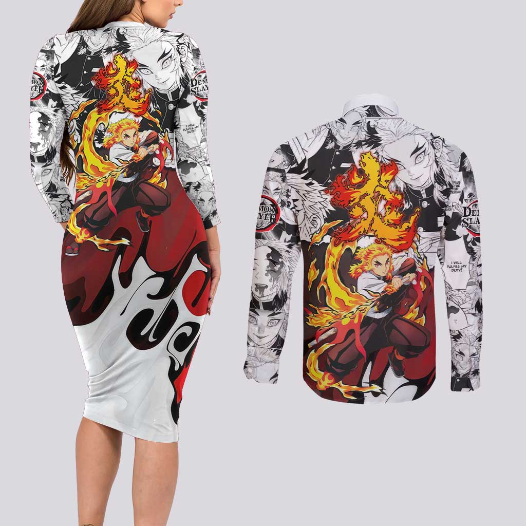 Kyojuro Rengoku Demon Slayer Flame Hashira Design Couples Matching Long Sleeve Bodycon Dress and Long Sleeve Button Shirt with Manga Panels and Fiery Sword Artwork - The Mazicc