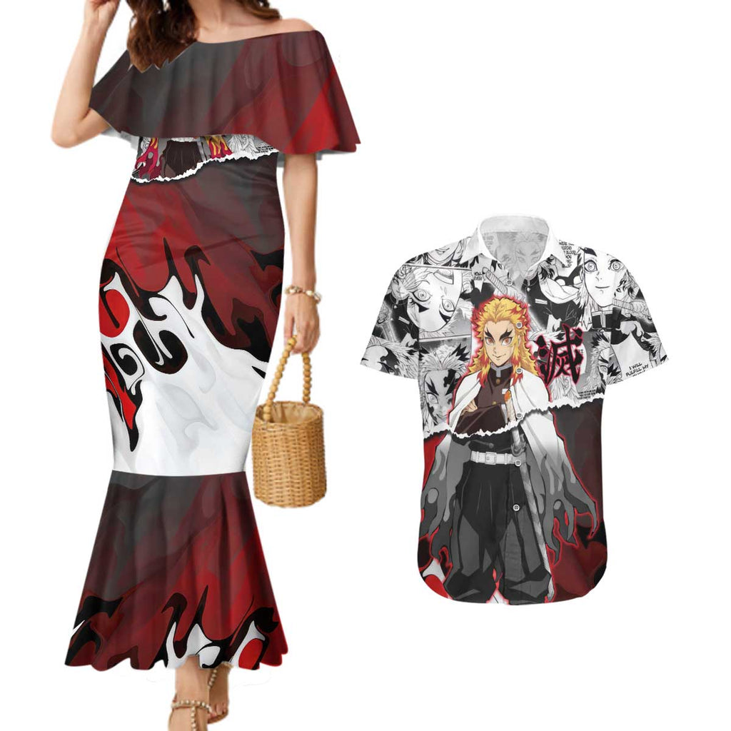 Kyojuro Rengoku Demon Slayer Flame Hashira Design Couples Matching Mermaid Dress and Hawaiian Shirt with Manga Panels and Fiery Sword Artwork - The Mazicc