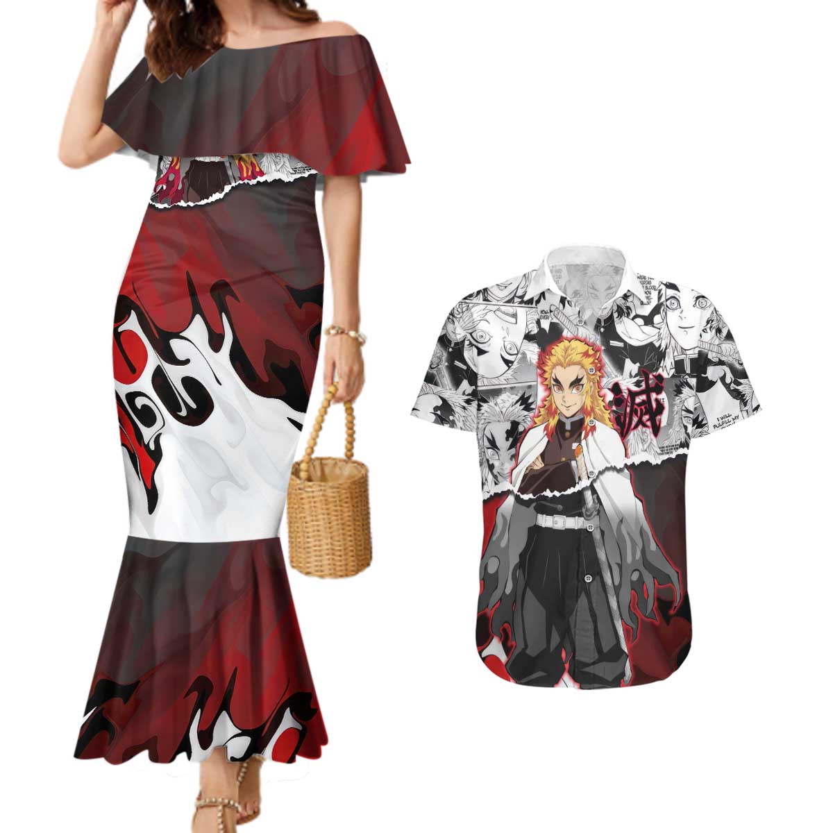 Kyojuro Rengoku Demon Slayer Flame Hashira Design Couples Matching Mermaid Dress and Hawaiian Shirt with Manga Panels and Fiery Sword Artwork - The Mazicc