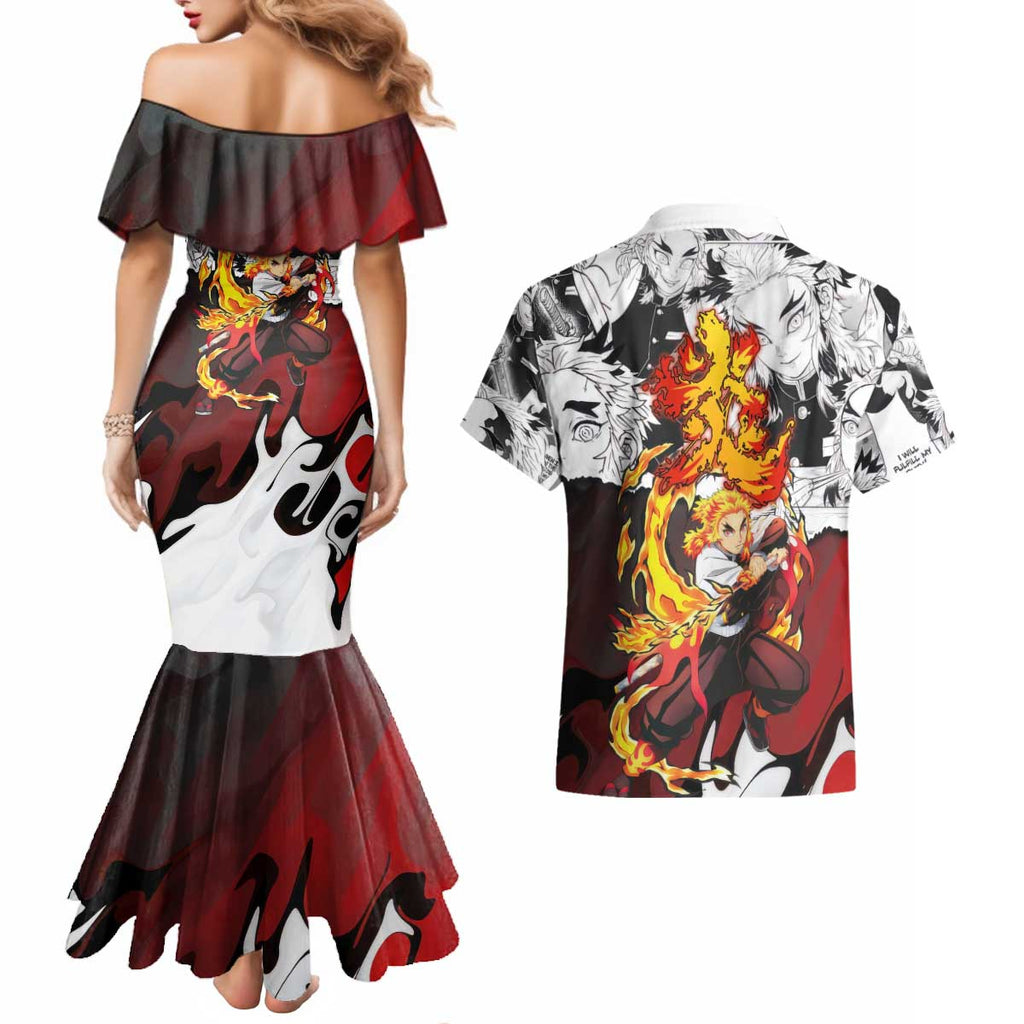 Kyojuro Rengoku Demon Slayer Flame Hashira Design Couples Matching Mermaid Dress and Hawaiian Shirt with Manga Panels and Fiery Sword Artwork - The Mazicc