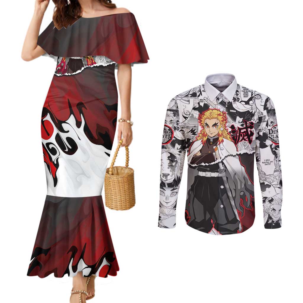 Kyojuro Rengoku Demon Slayer Flame Hashira Design Couples Matching Mermaid Dress and Long Sleeve Button Shirt with Manga Panels and Fiery Sword Artwork - The Mazicc