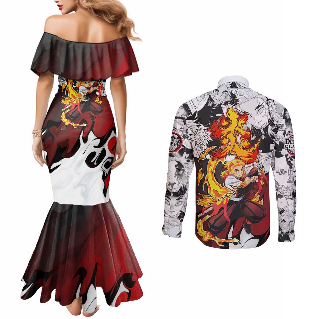 Kyojuro Rengoku Demon Slayer Flame Hashira Design Couples Matching Mermaid Dress and Long Sleeve Button Shirt with Manga Panels and Fiery Sword Artwork - The Mazicc