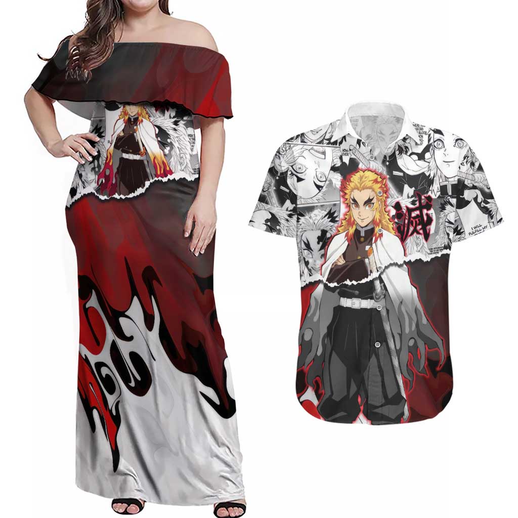 Kyojuro Rengoku Demon Slayer Flame Hashira Design Couples Matching Off Shoulder Maxi Dress and Hawaiian Shirt with Manga Panels and Fiery Sword Artwork - The Mazicc