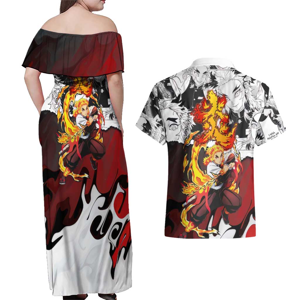 Kyojuro Rengoku Demon Slayer Flame Hashira Design Couples Matching Off Shoulder Maxi Dress and Hawaiian Shirt with Manga Panels and Fiery Sword Artwork - The Mazicc