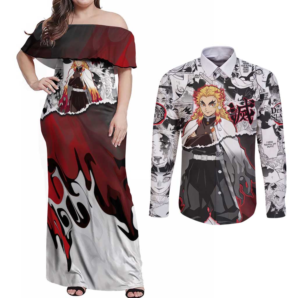Kyojuro Rengoku Demon Slayer Flame Hashira Design Couples Matching Off Shoulder Maxi Dress and Long Sleeve Button Shirt with Manga Panels and Fiery Sword Artwork - The Mazicc