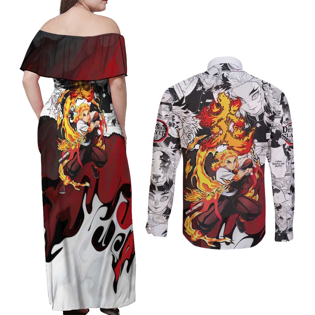 Kyojuro Rengoku Demon Slayer Flame Hashira Design Couples Matching Off Shoulder Maxi Dress and Long Sleeve Button Shirt with Manga Panels and Fiery Sword Artwork - The Mazicc