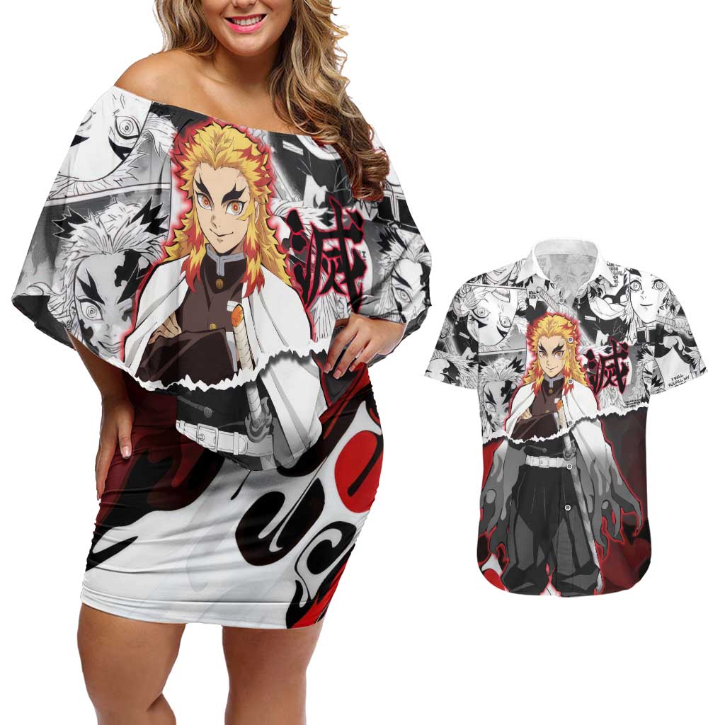 Kyojuro Rengoku Demon Slayer Flame Hashira Design Couples Matching Off Shoulder Short Dress and Hawaiian Shirt with Manga Panels and Fiery Sword Artwork - The Mazicc