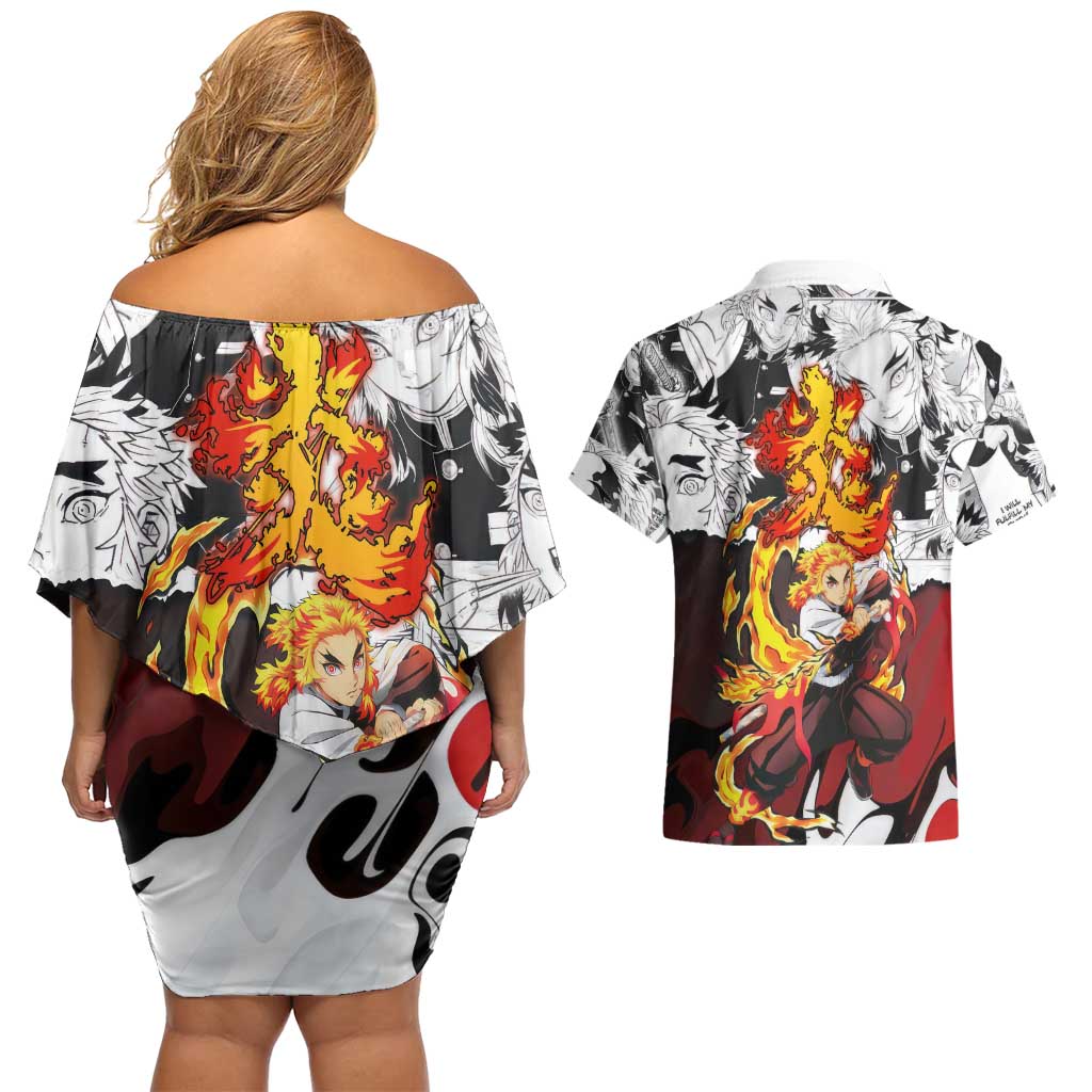 Kyojuro Rengoku Demon Slayer Flame Hashira Design Couples Matching Off Shoulder Short Dress and Hawaiian Shirt with Manga Panels and Fiery Sword Artwork - The Mazicc