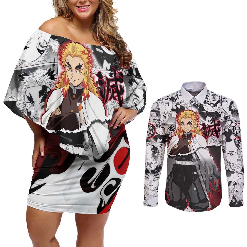 Kyojuro Rengoku Demon Slayer Flame Hashira Design Couples Matching Off Shoulder Short Dress and Long Sleeve Button Shirt with Manga Panels and Fiery Sword Artwork - The Mazicc