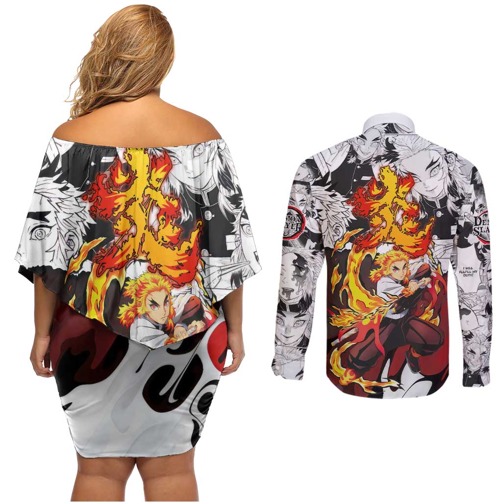 Kyojuro Rengoku Demon Slayer Flame Hashira Design Couples Matching Off Shoulder Short Dress and Long Sleeve Button Shirt with Manga Panels and Fiery Sword Artwork - The Mazicc