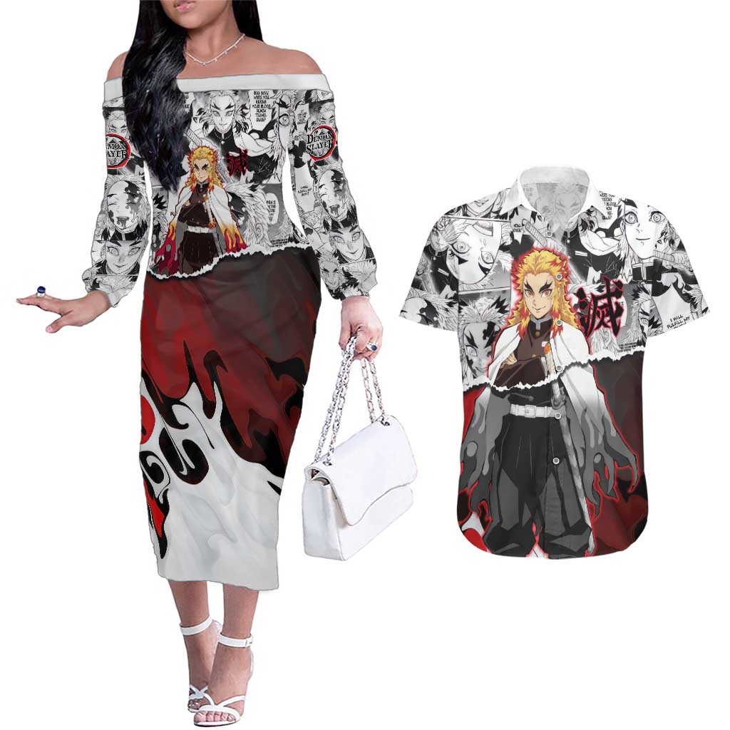 Kyojuro Rengoku Demon Slayer Flame Hashira Design Couples Matching Off The Shoulder Long Sleeve Dress and Hawaiian Shirt with Manga Panels and Fiery Sword Artwork - The Mazicc