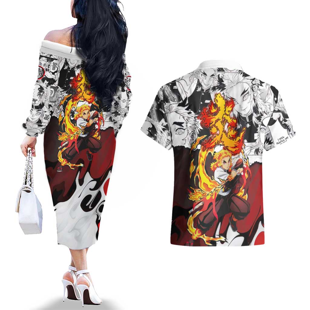 Kyojuro Rengoku Demon Slayer Flame Hashira Design Couples Matching Off The Shoulder Long Sleeve Dress and Hawaiian Shirt with Manga Panels and Fiery Sword Artwork - The Mazicc