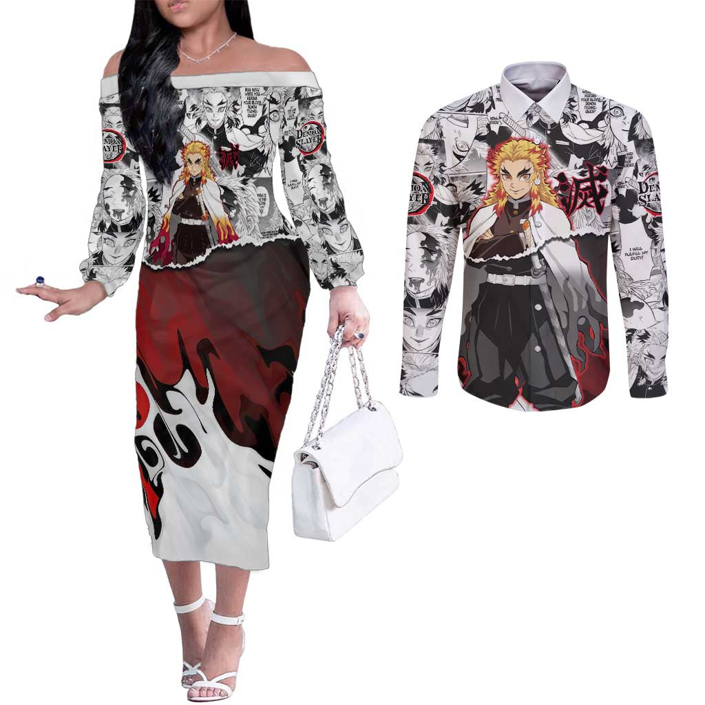Kyojuro Rengoku Demon Slayer Flame Hashira Design Couples Matching Off The Shoulder Long Sleeve Dress and Long Sleeve Button Shirt with Manga Panels and Fiery Sword Artwork - The Mazicc