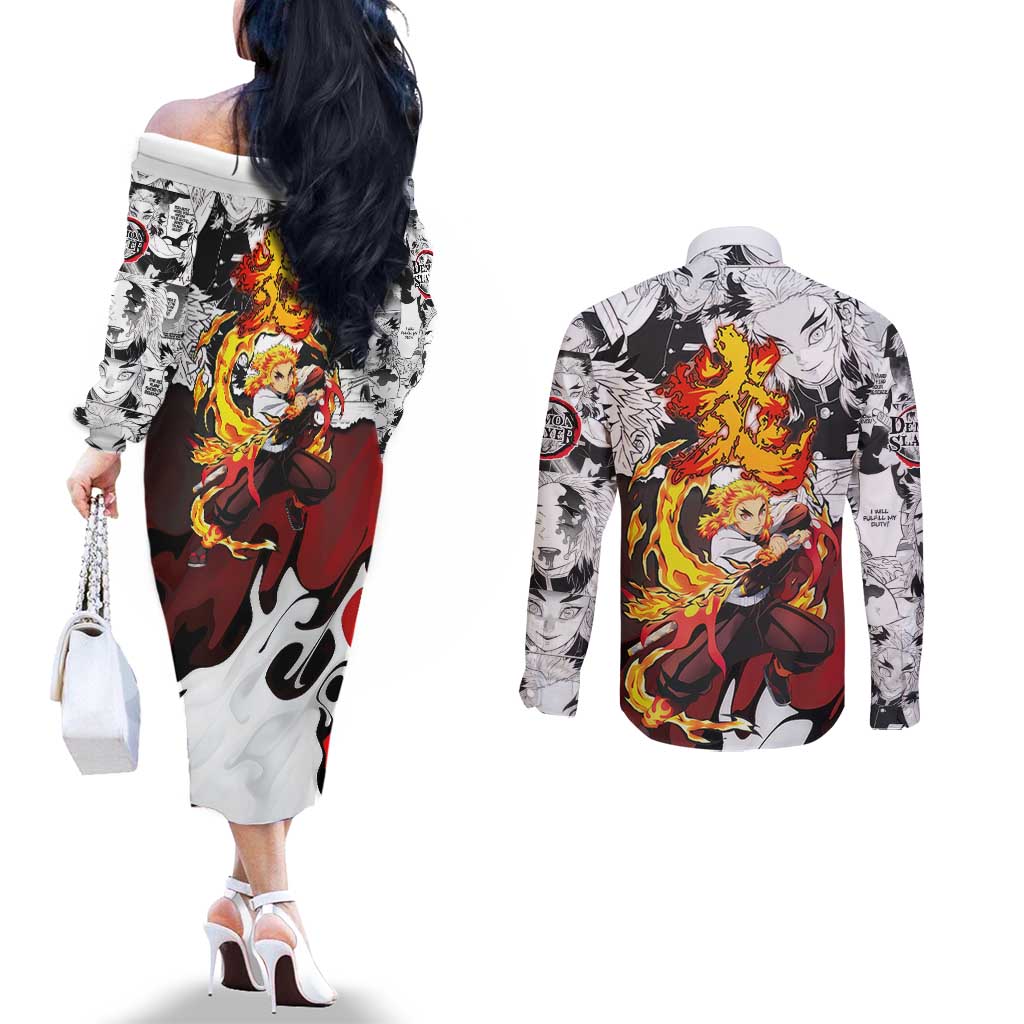 Kyojuro Rengoku Demon Slayer Flame Hashira Design Couples Matching Off The Shoulder Long Sleeve Dress and Long Sleeve Button Shirt with Manga Panels and Fiery Sword Artwork - The Mazicc