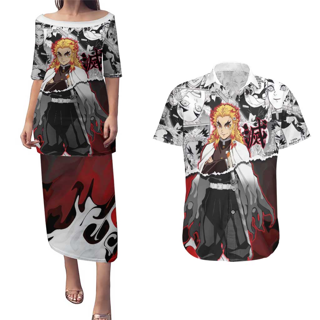 Kyojuro Rengoku Demon Slayer Flame Hashira Design Couples Matching Puletasi and Hawaiian Shirt with Manga Panels and Fiery Sword Artwork - The Mazicc