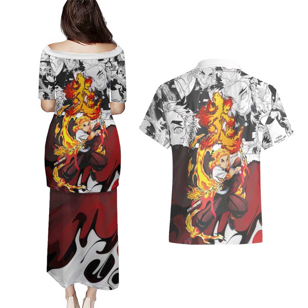 Kyojuro Rengoku Demon Slayer Flame Hashira Design Couples Matching Puletasi and Hawaiian Shirt with Manga Panels and Fiery Sword Artwork - The Mazicc