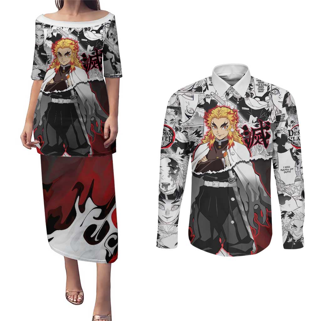 Kyojuro Rengoku Demon Slayer Flame Hashira Design Couples Matching Puletasi and Long Sleeve Button Shirt with Manga Panels and Fiery Sword Artwork - The Mazicc