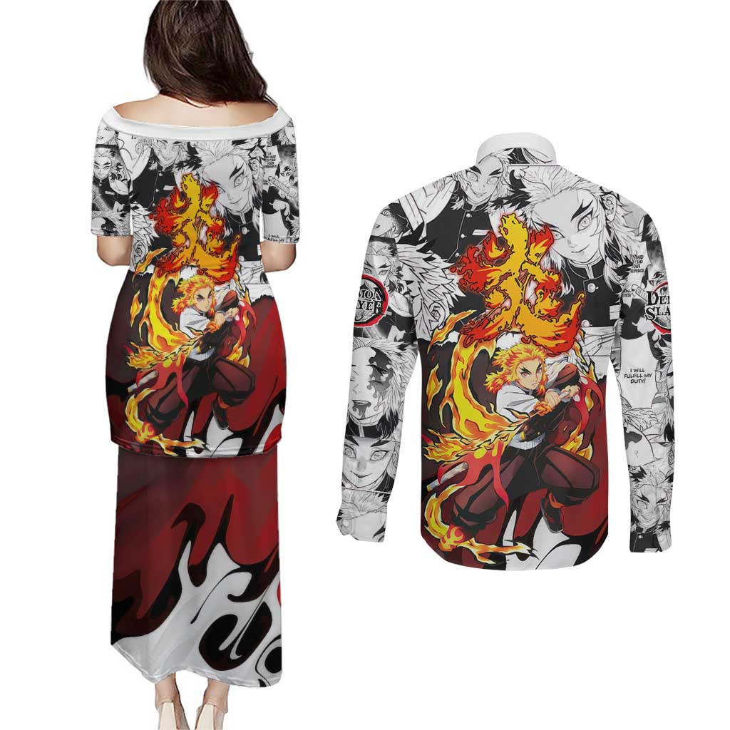Kyojuro Rengoku Demon Slayer Flame Hashira Design Couples Matching Puletasi and Long Sleeve Button Shirt with Manga Panels and Fiery Sword Artwork - The Mazicc
