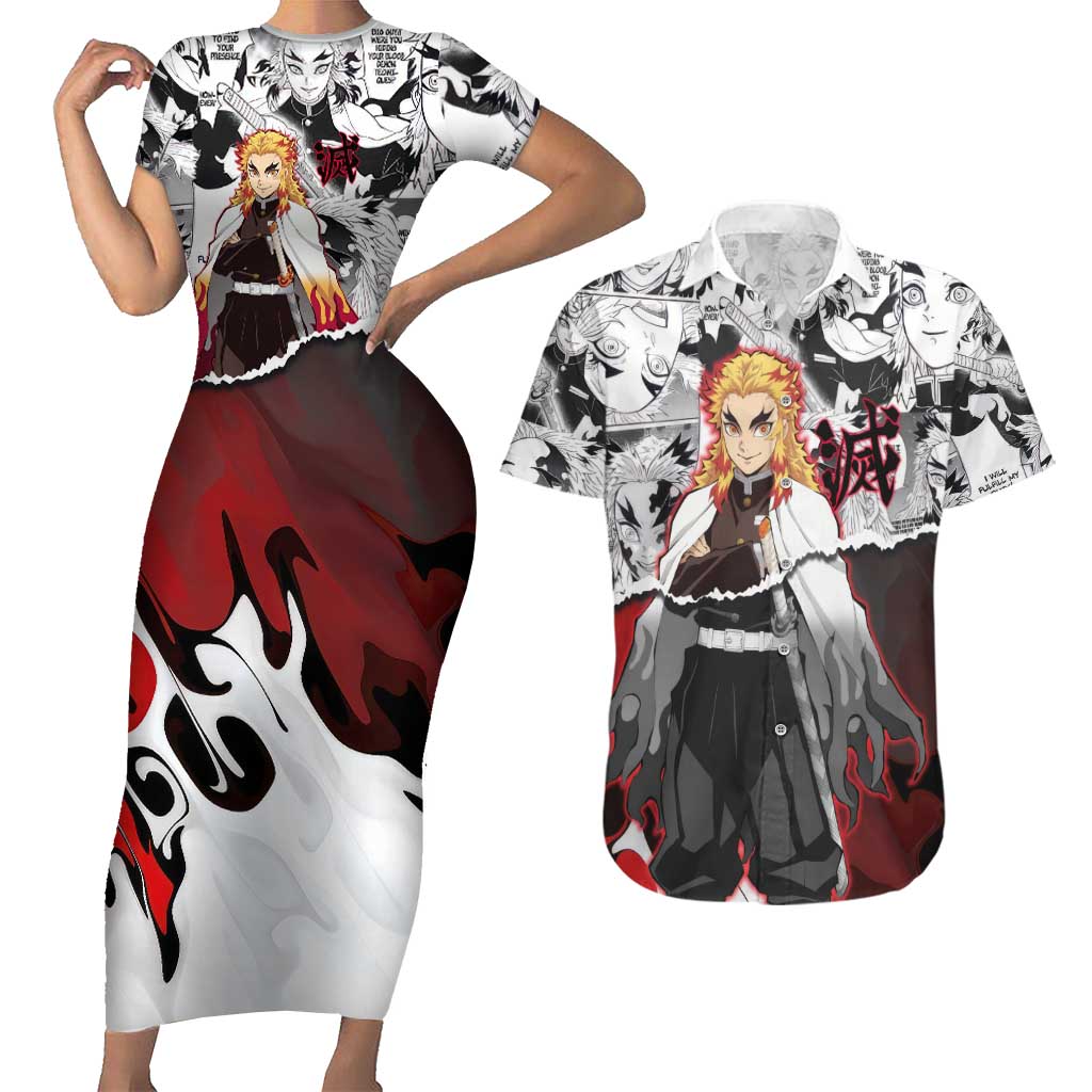 Kyojuro Rengoku Demon Slayer Flame Hashira Design Couples Matching Short Sleeve Bodycon Dress and Hawaiian Shirt with Manga Panels and Fiery Sword Artwork - The Mazicc