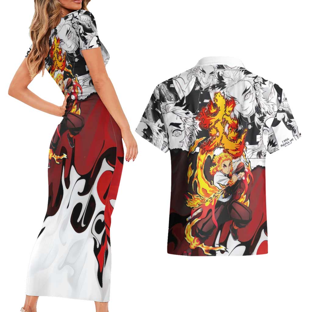 Kyojuro Rengoku Demon Slayer Flame Hashira Design Couples Matching Short Sleeve Bodycon Dress and Hawaiian Shirt with Manga Panels and Fiery Sword Artwork - The Mazicc