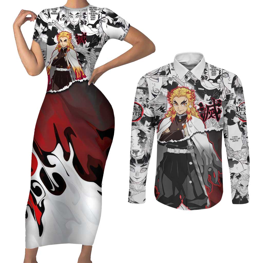 Kyojuro Rengoku Demon Slayer Flame Hashira Design Couples Matching Short Sleeve Bodycon Dress and Long Sleeve Button Shirt with Manga Panels and Fiery Sword Artwork - The Mazicc