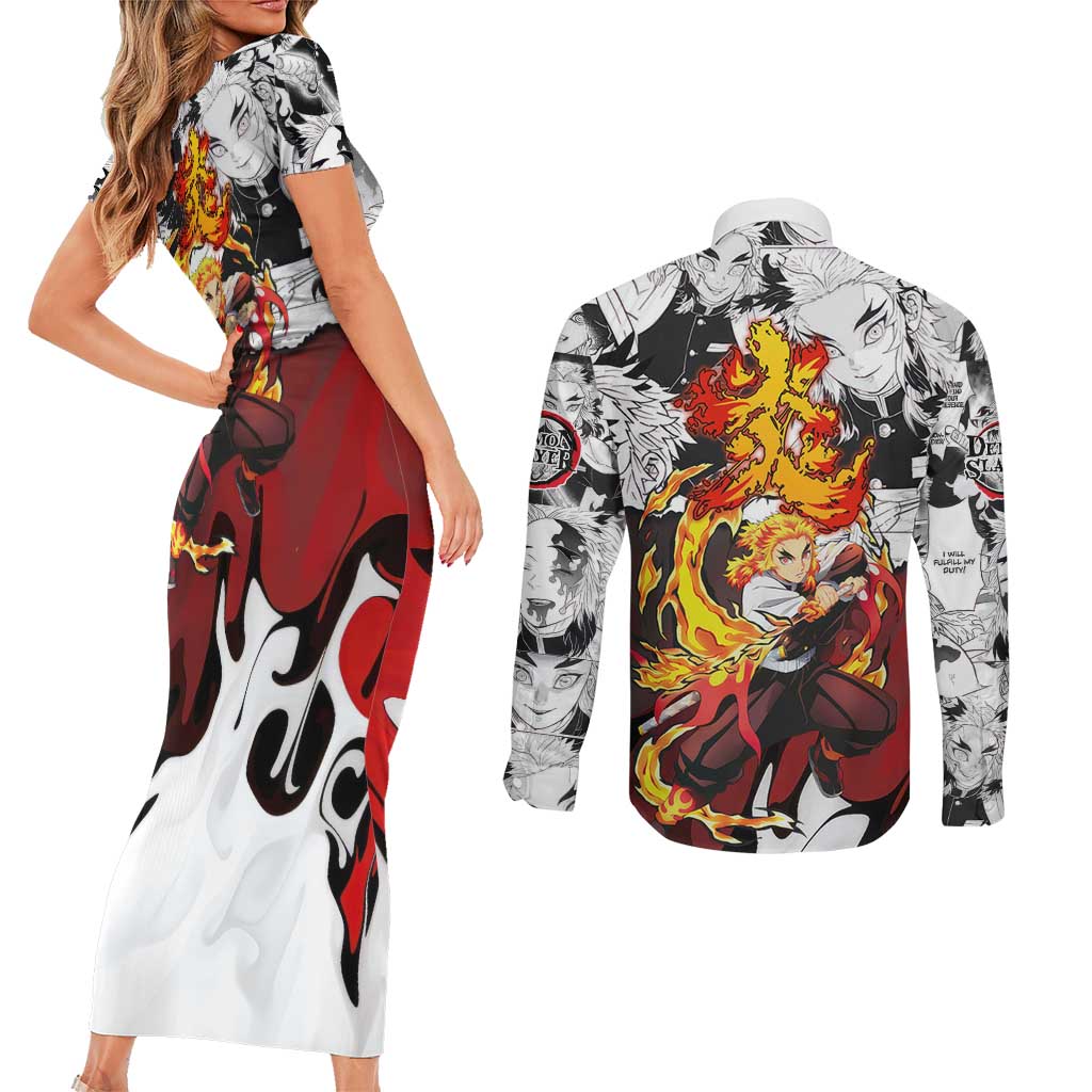 Kyojuro Rengoku Demon Slayer Flame Hashira Design Couples Matching Short Sleeve Bodycon Dress and Long Sleeve Button Shirt with Manga Panels and Fiery Sword Artwork - The Mazicc