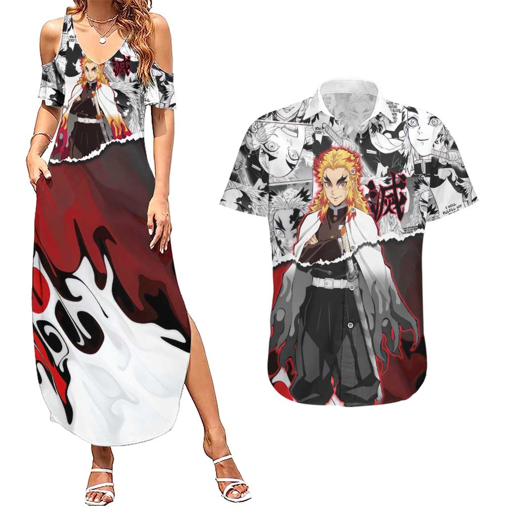 Kyojuro Rengoku Demon Slayer Flame Hashira Design Couples Matching Summer Maxi Dress and Hawaiian Shirt with Manga Panels and Fiery Sword Artwork - The Mazicc