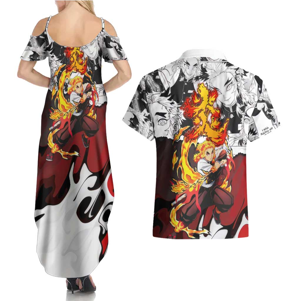 Kyojuro Rengoku Demon Slayer Flame Hashira Design Couples Matching Summer Maxi Dress and Hawaiian Shirt with Manga Panels and Fiery Sword Artwork - The Mazicc