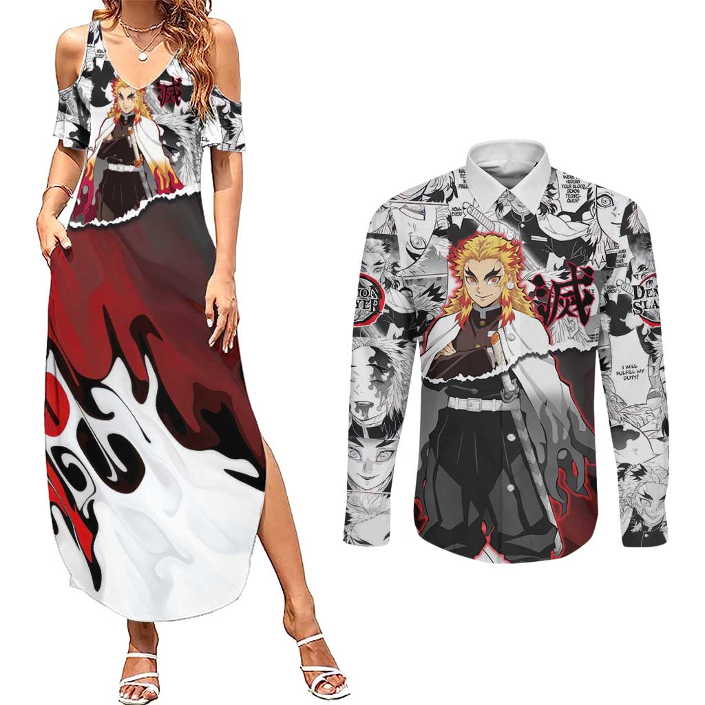 Kyojuro Rengoku Demon Slayer Flame Hashira Design Couples Matching Summer Maxi Dress and Long Sleeve Button Shirt with Manga Panels and Fiery Sword Artwork - The Mazicc