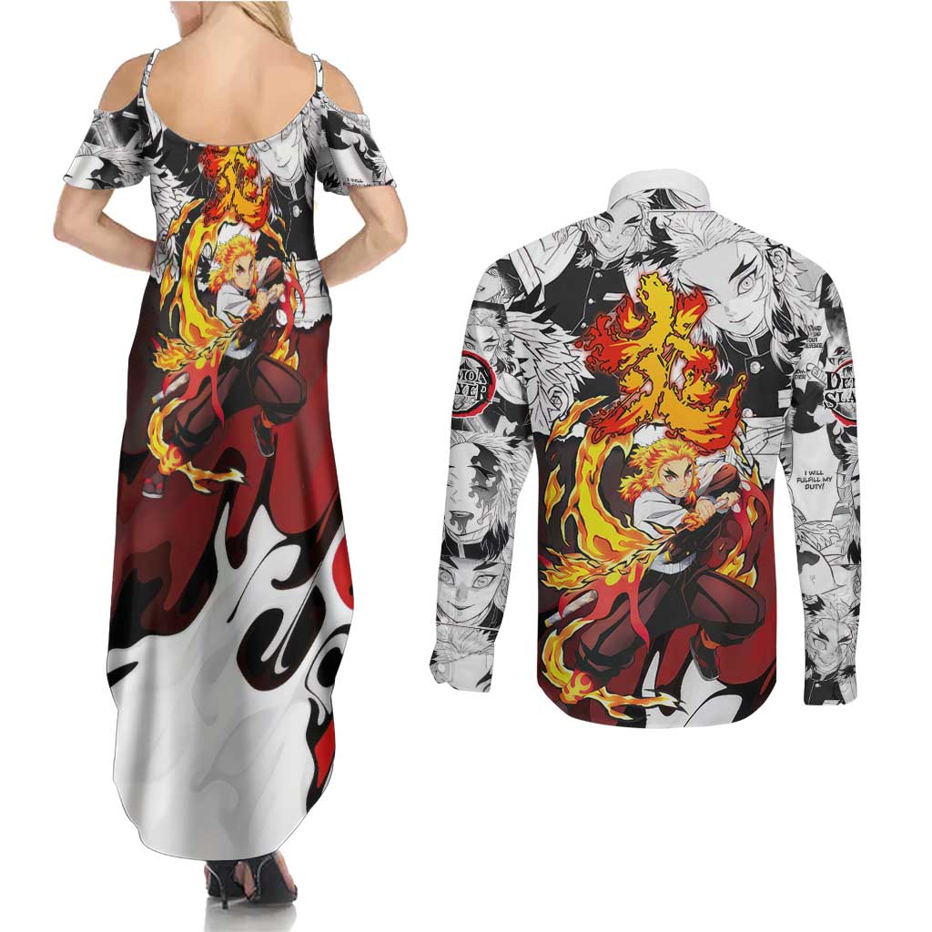 Kyojuro Rengoku Demon Slayer Flame Hashira Design Couples Matching Summer Maxi Dress and Long Sleeve Button Shirt with Manga Panels and Fiery Sword Artwork - The Mazicc