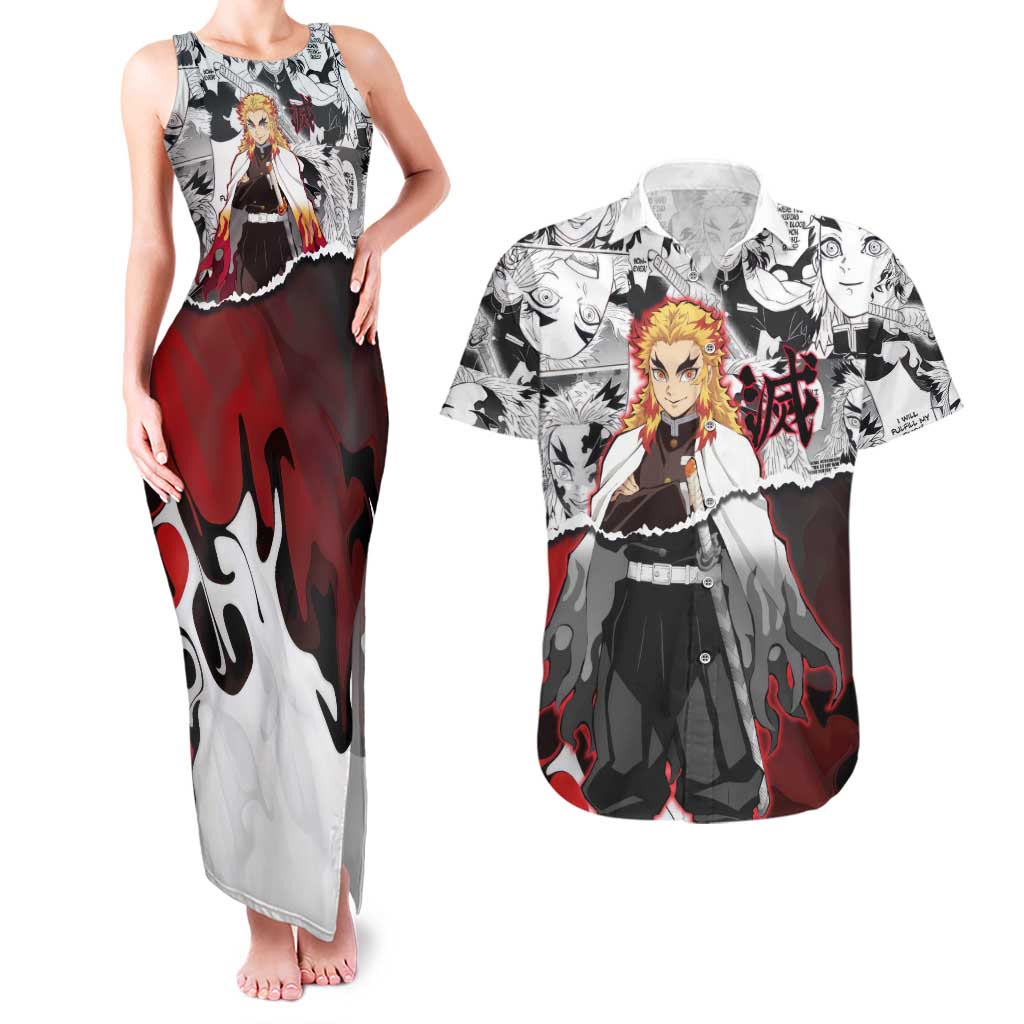 Kyojuro Rengoku Demon Slayer Flame Hashira Design Couples Matching Tank Maxi Dress and Hawaiian Shirt with Manga Panels and Fiery Sword Artwork - The Mazicc