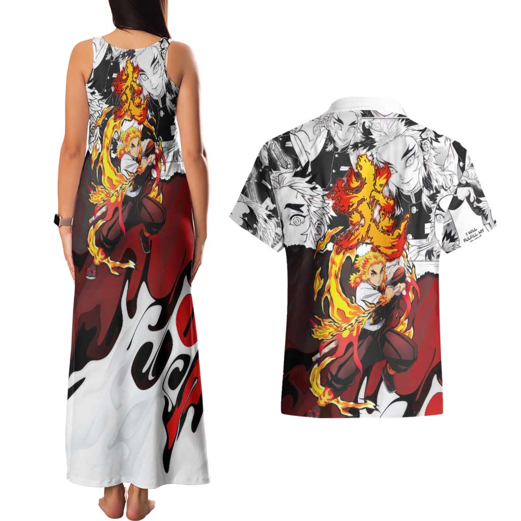 Kyojuro Rengoku Demon Slayer Flame Hashira Design Couples Matching Tank Maxi Dress and Hawaiian Shirt with Manga Panels and Fiery Sword Artwork - The Mazicc