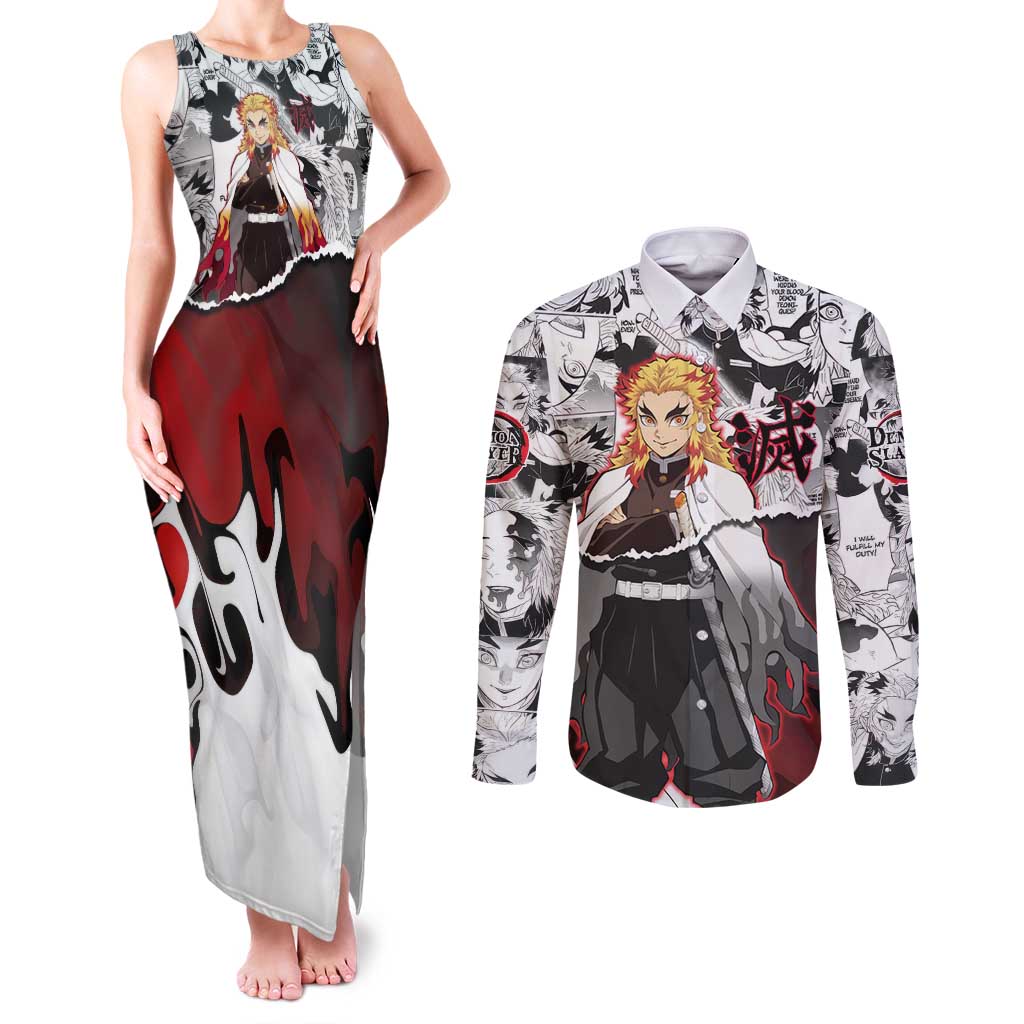 Kyojuro Rengoku Demon Slayer Flame Hashira Design Couples Matching Tank Maxi Dress and Long Sleeve Button Shirt with Manga Panels and Fiery Sword Artwork - The Mazicc