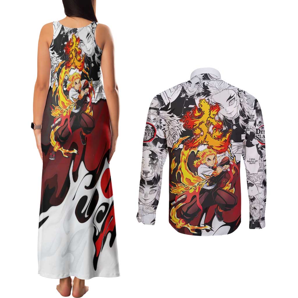 Kyojuro Rengoku Demon Slayer Flame Hashira Design Couples Matching Tank Maxi Dress and Long Sleeve Button Shirt with Manga Panels and Fiery Sword Artwork - The Mazicc