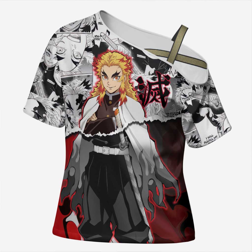Kyojuro Rengoku Demon Slayer Flame Hashira Design Cross Shoulder Shirt with Manga Panels and Fiery Sword Artwork - The Mazicc