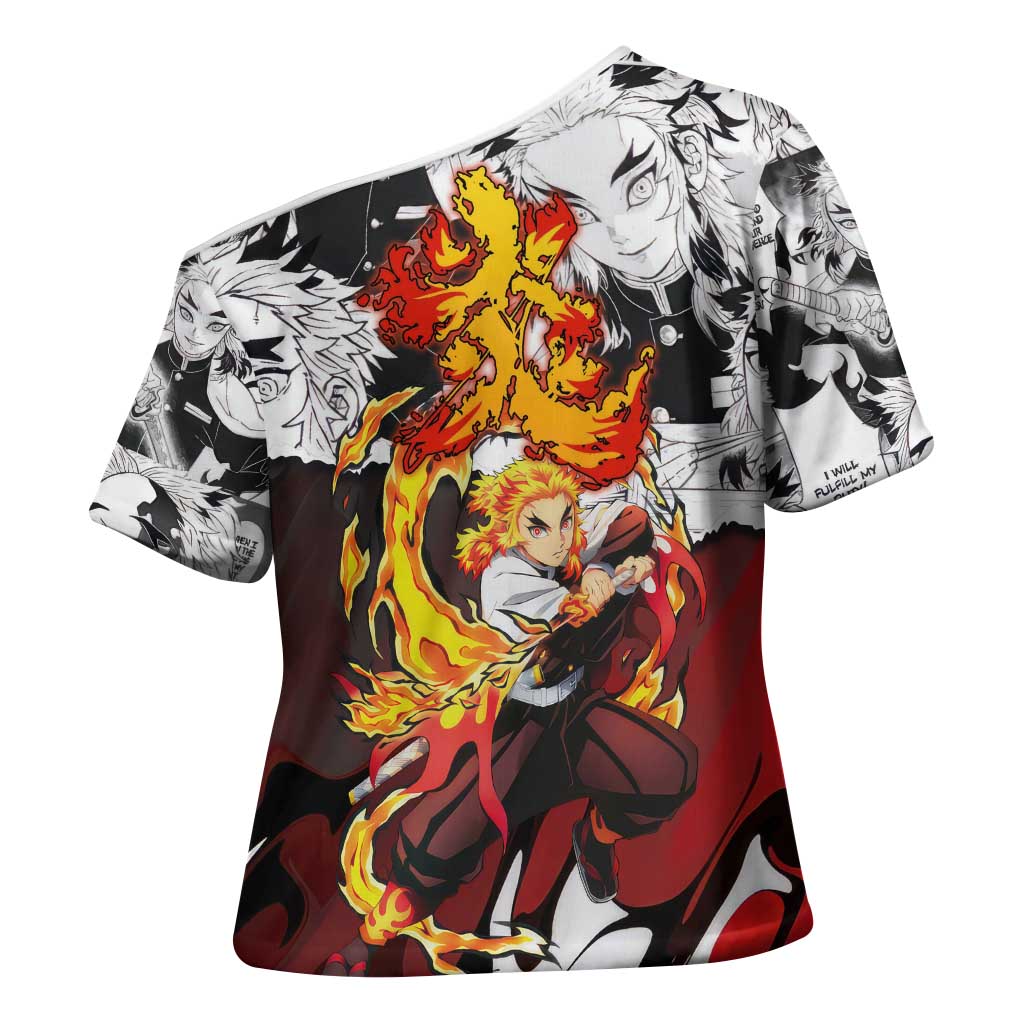 Kyojuro Rengoku Demon Slayer Flame Hashira Design Cross Shoulder Shirt with Manga Panels and Fiery Sword Artwork - The Mazicc