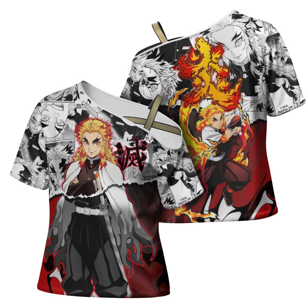 Kyojuro Rengoku Demon Slayer Flame Hashira Design Cross Shoulder Shirt with Manga Panels and Fiery Sword Artwork - The Mazicc