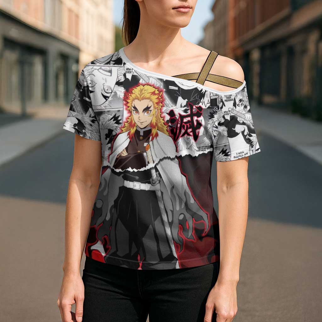 Kyojuro Rengoku Demon Slayer Flame Hashira Design Cross Shoulder Shirt with Manga Panels and Fiery Sword Artwork - The Mazicc