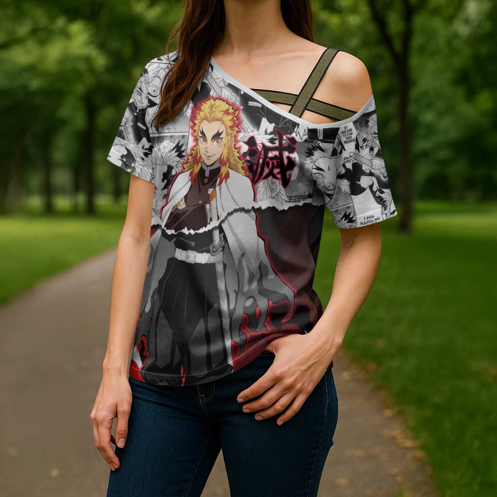 Kyojuro Rengoku Demon Slayer Flame Hashira Design Cross Shoulder Shirt with Manga Panels and Fiery Sword Artwork - The Mazicc