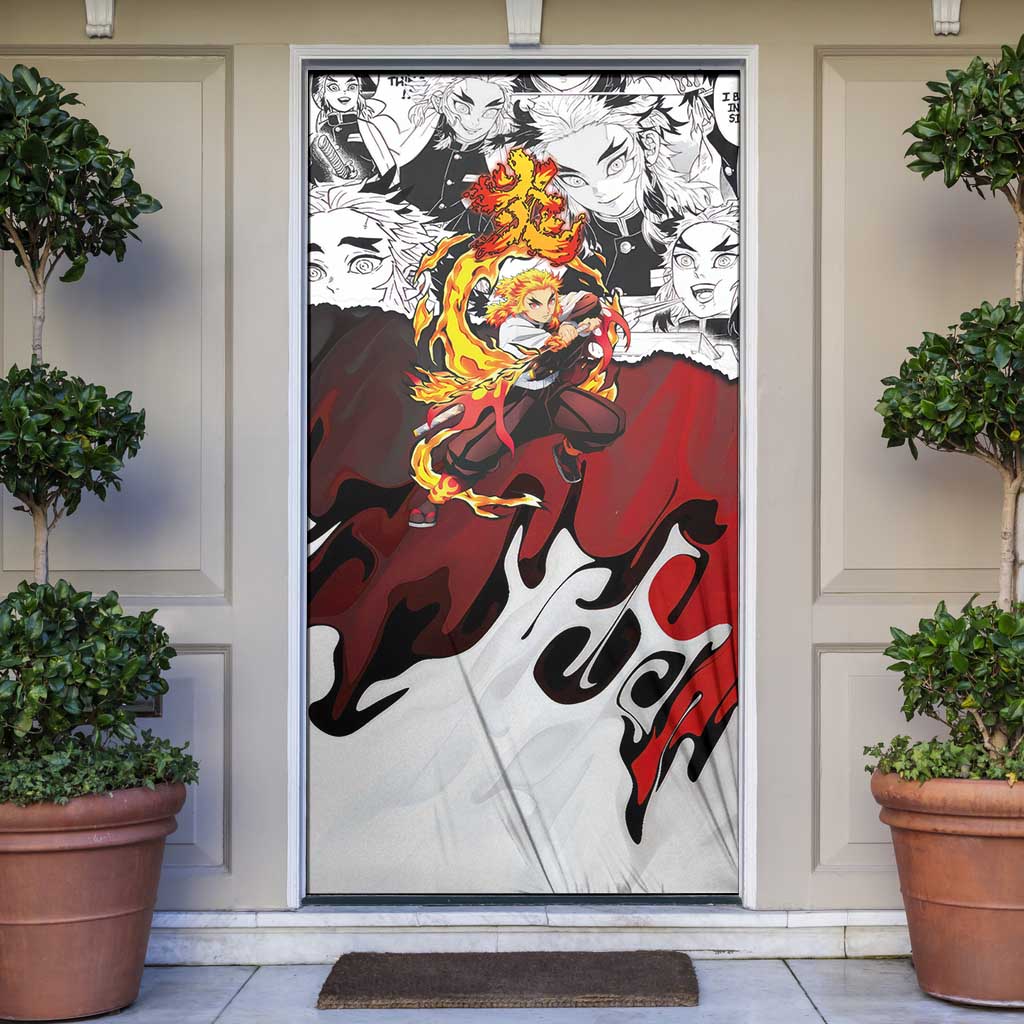 Kyojuro Rengoku Demon Slayer Flame Hashira Design Door Cover with Manga Panels and Fiery Sword Artwork - The Mazicc