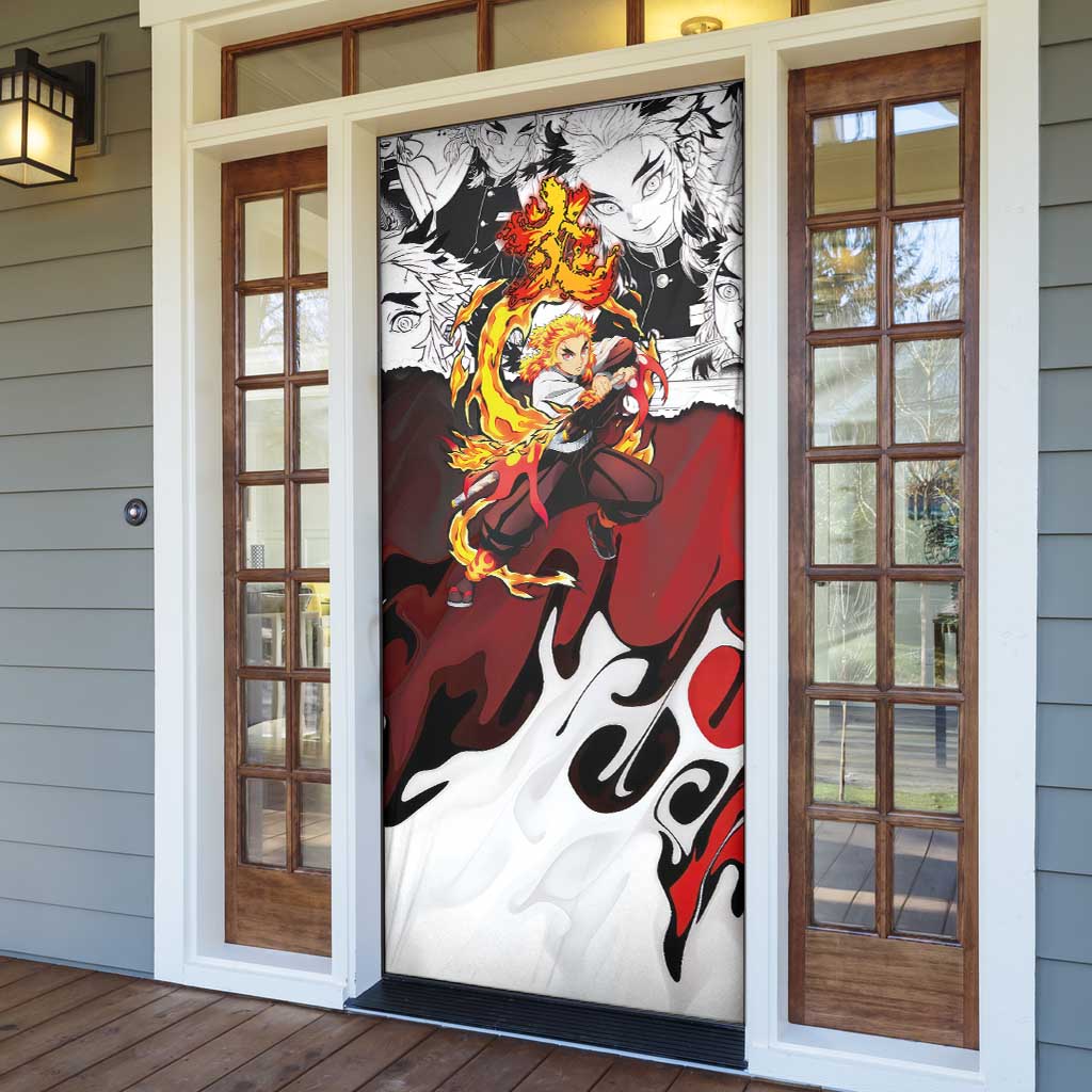 Kyojuro Rengoku Demon Slayer Flame Hashira Design Door Cover with Manga Panels and Fiery Sword Artwork - The Mazicc