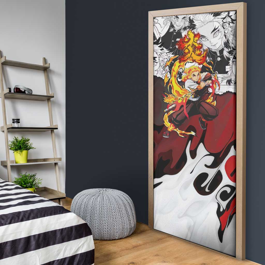 Kyojuro Rengoku Demon Slayer Flame Hashira Design Door Cover with Manga Panels and Fiery Sword Artwork - The Mazicc