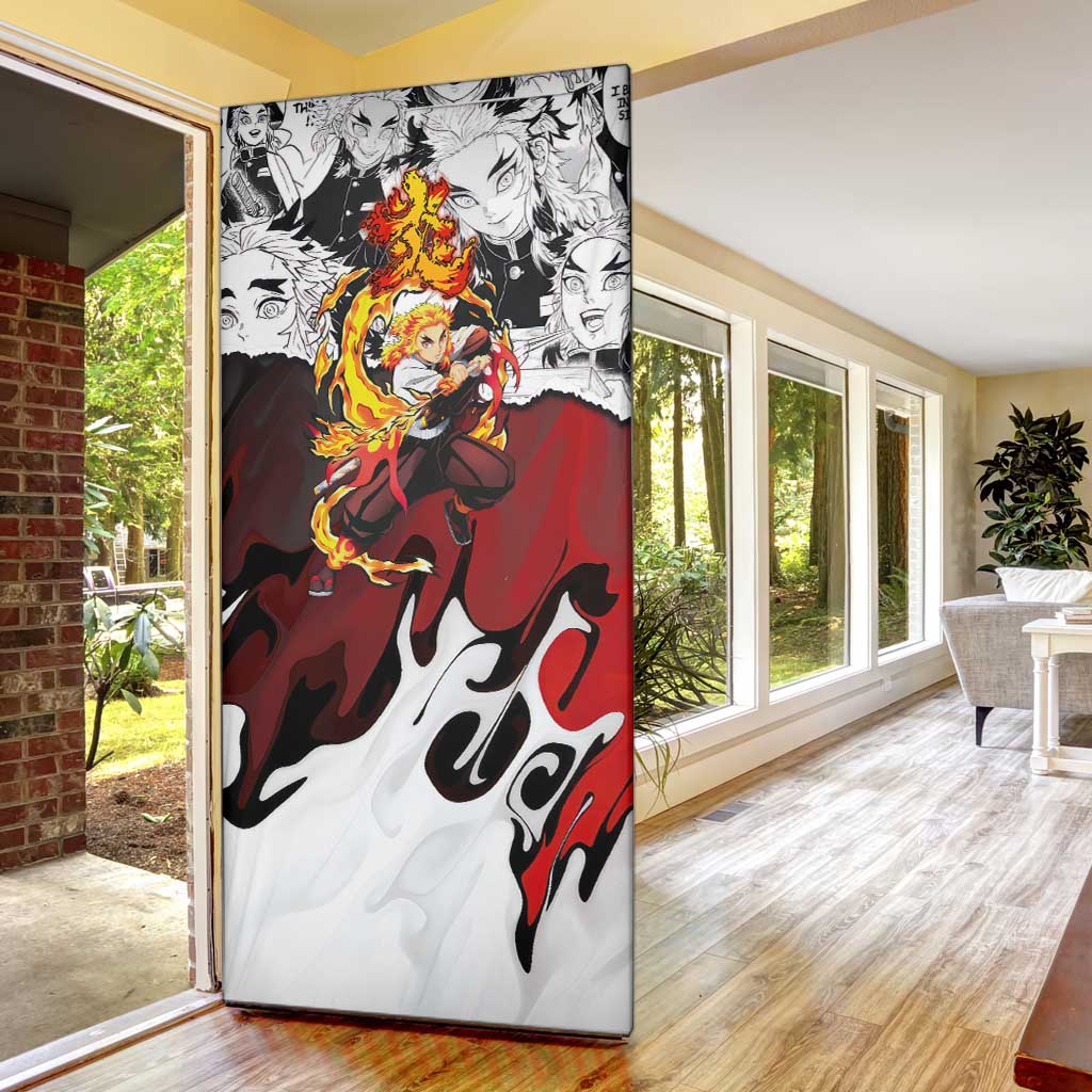 Kyojuro Rengoku Demon Slayer Flame Hashira Design Door Cover with Manga Panels and Fiery Sword Artwork - The Mazicc