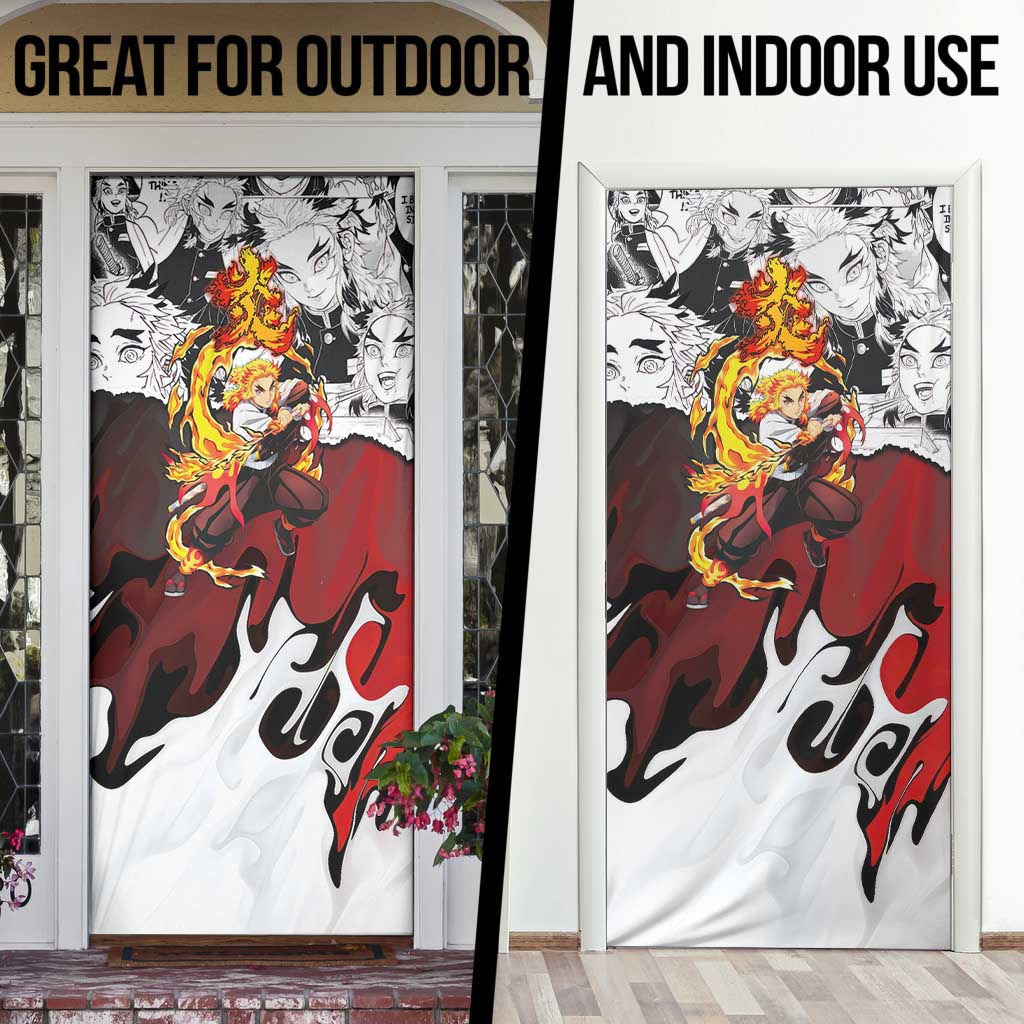 Kyojuro Rengoku Demon Slayer Flame Hashira Design Door Cover with Manga Panels and Fiery Sword Artwork - The Mazicc