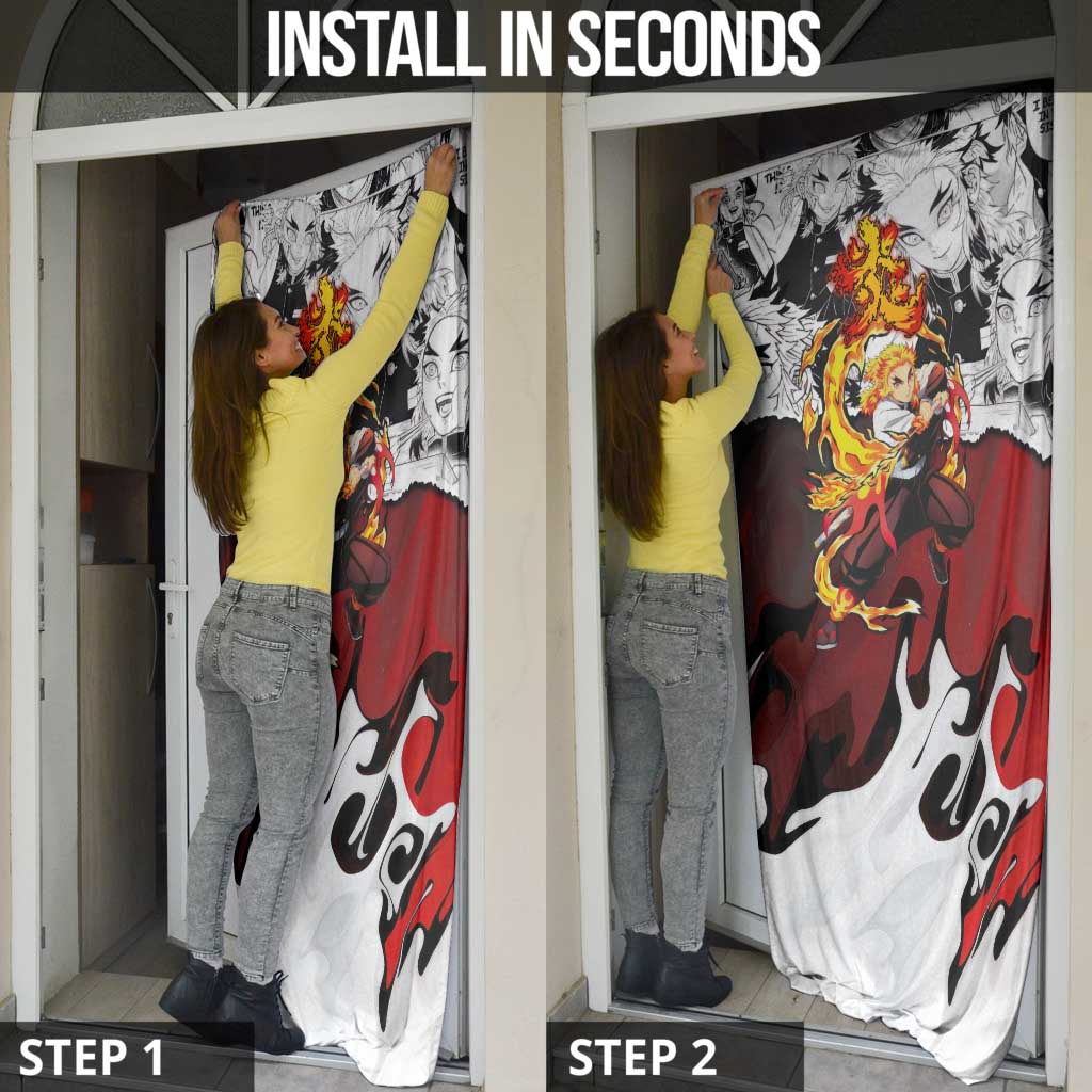 Kyojuro Rengoku Demon Slayer Flame Hashira Design Door Cover with Manga Panels and Fiery Sword Artwork - The Mazicc