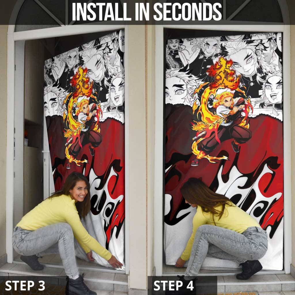 Kyojuro Rengoku Demon Slayer Flame Hashira Design Door Cover with Manga Panels and Fiery Sword Artwork - The Mazicc