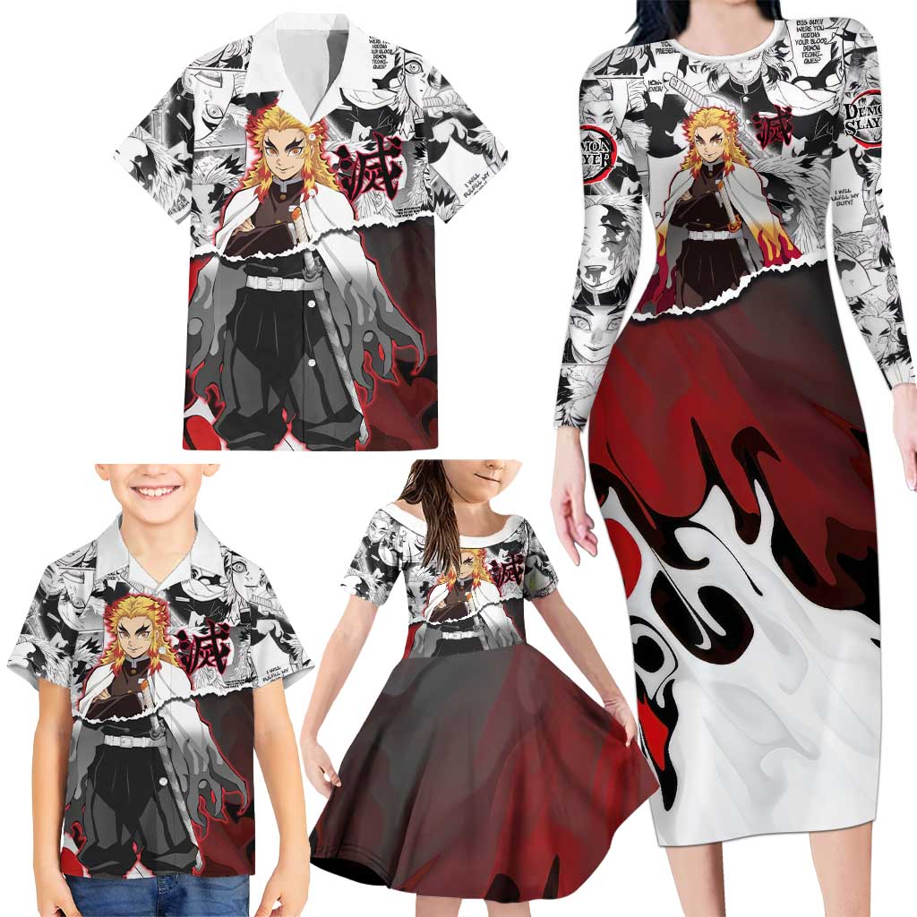 Kyojuro Rengoku Demon Slayer Flame Hashira Design Family Matching Long Sleeve Bodycon Dress and Hawaiian Shirt with Manga Panels and Fiery Sword Artwork