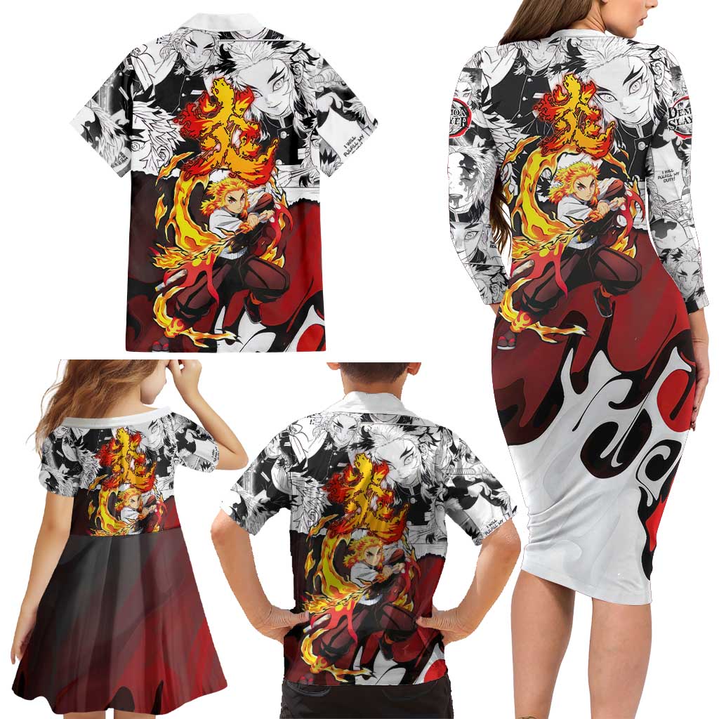 Kyojuro Rengoku Demon Slayer Flame Hashira Design Family Matching Long Sleeve Bodycon Dress and Hawaiian Shirt with Manga Panels and Fiery Sword Artwork