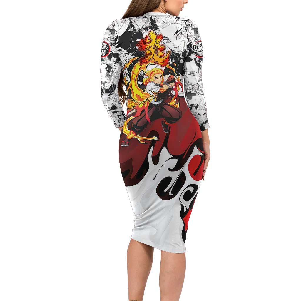 Kyojuro Rengoku Demon Slayer Flame Hashira Design Family Matching Long Sleeve Bodycon Dress and Hawaiian Shirt with Manga Panels and Fiery Sword Artwork