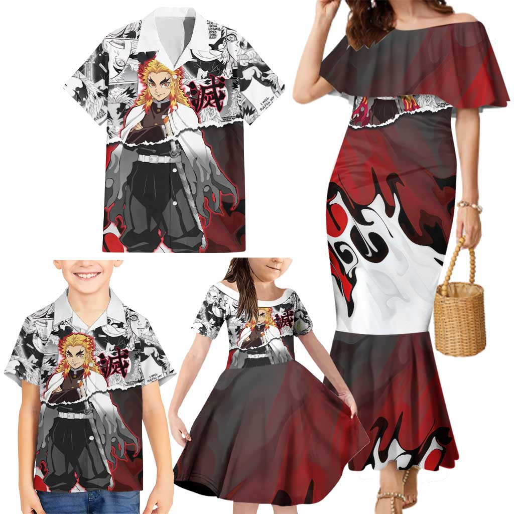Kyojuro Rengoku Demon Slayer Flame Hashira Design Family Matching Mermaid Dress and Hawaiian Shirt with Manga Panels and Fiery Sword Artwork